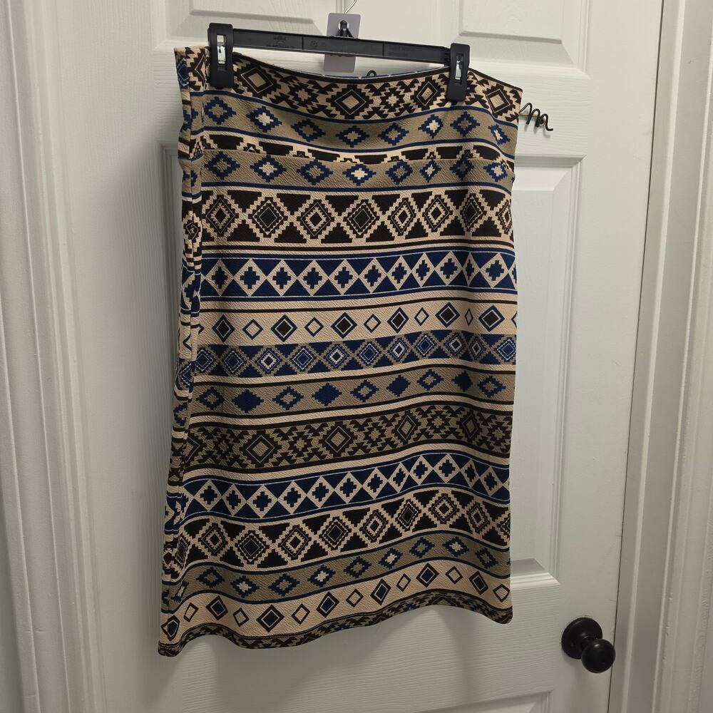 Lularoe 3XL Cassie Pencil Skirt Brown and Blue Pattern